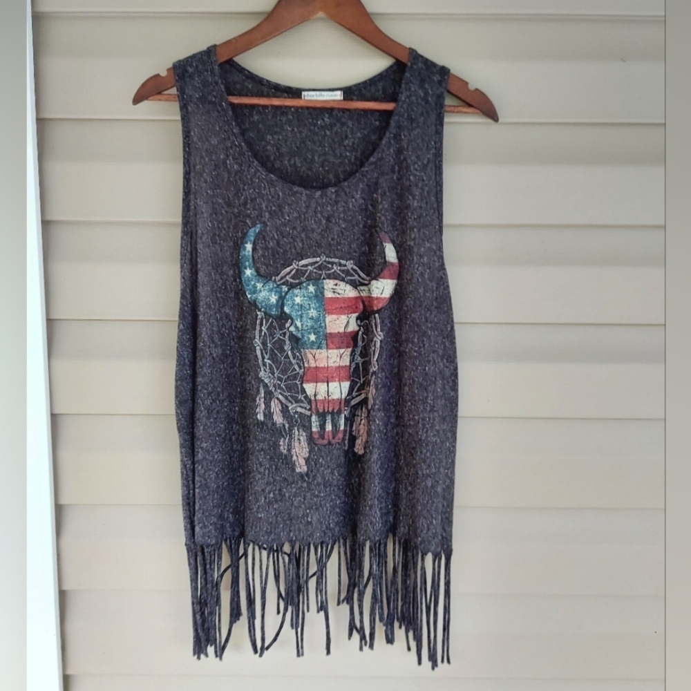 Fringe Tank Top with Bull Skull Design Stars & Stripes